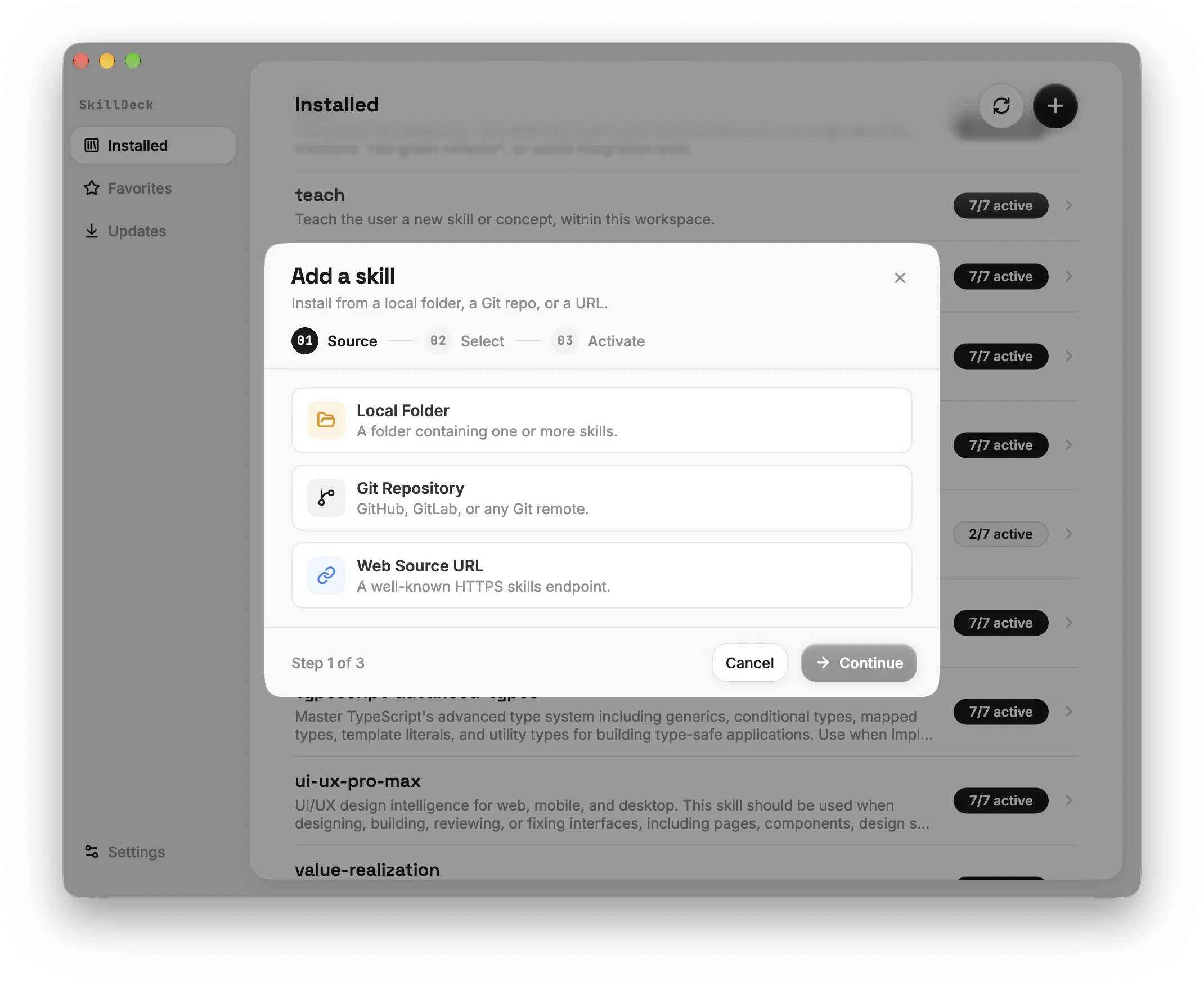 SkillDeck adding Skills from a GitHub repository, listing every Skill it contains