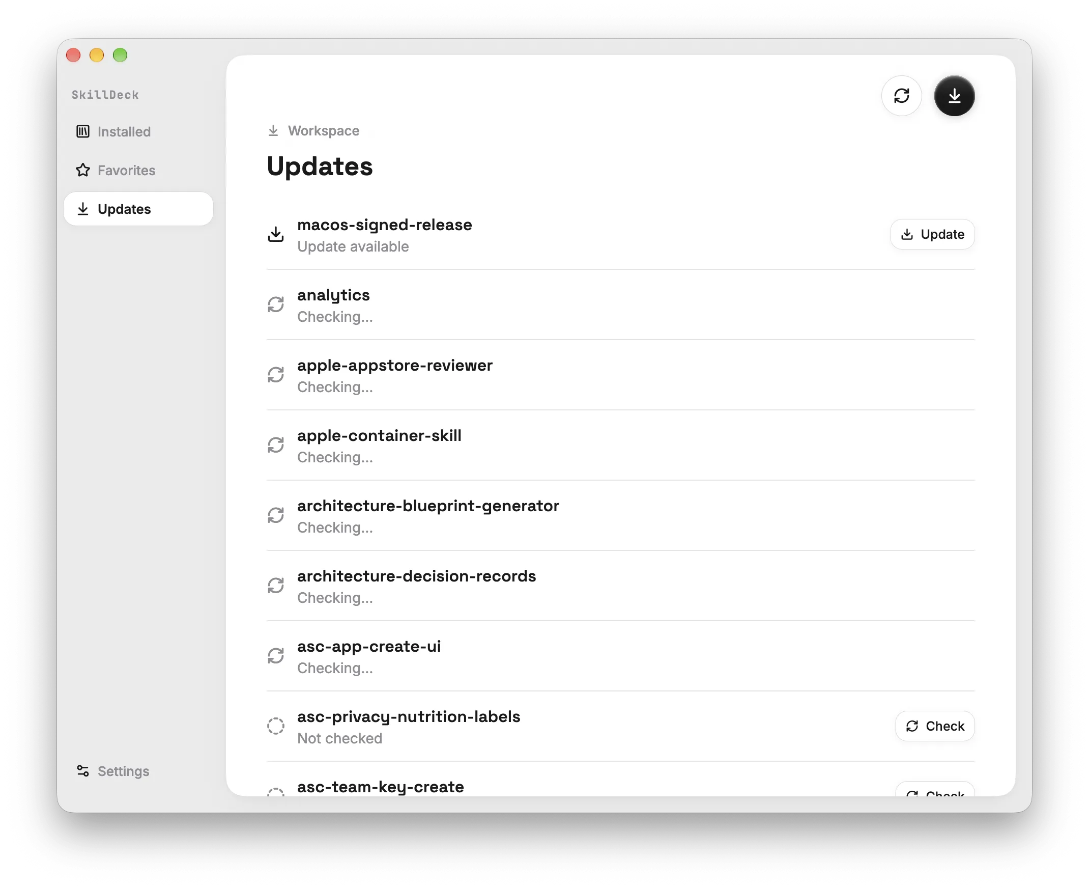 SkillDeck Updates view flagging Skills with upstream changes and an Update all button