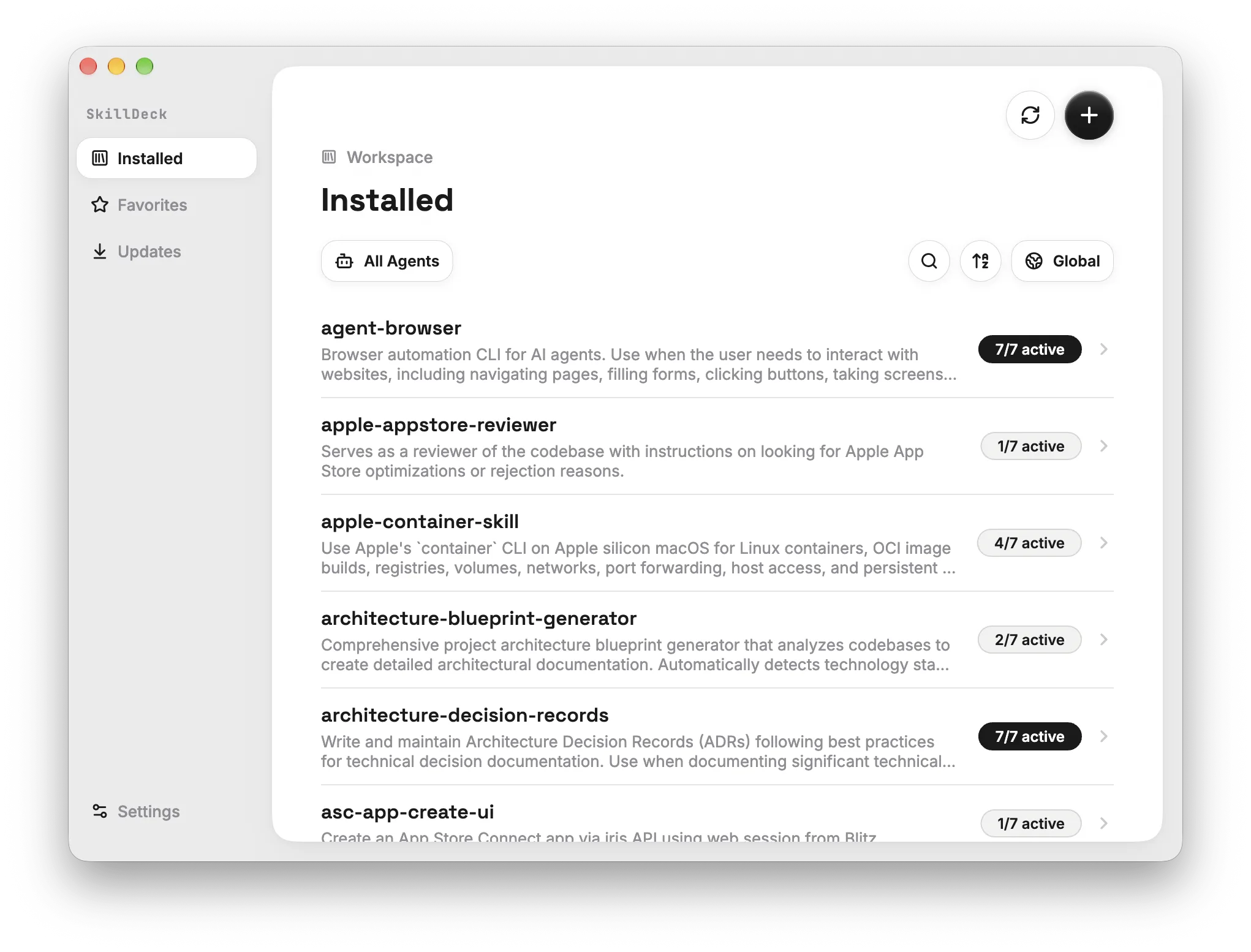 SkillDeck showing the list of installed Skills